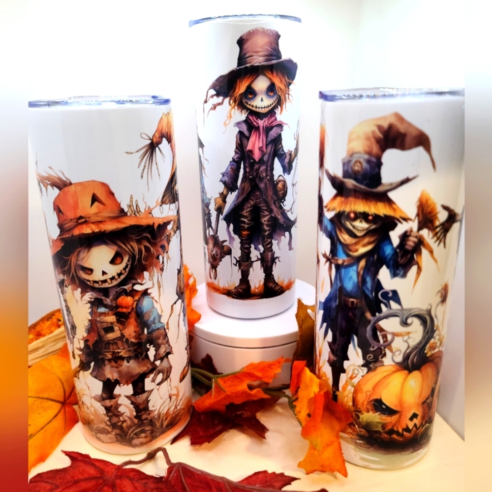 Scarecrow 3 Set Different Styles Of Fall Stainless Steel Skinny Tumblers NWT